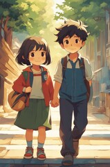 illustration of 2 school children in cartoon and anime style