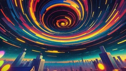 Wall Mural - Futuristic cosmic animation with deep space, galaxy, and futuristic cityscape on planet. Bright cosmic animation with illustrations transformations and metamorphose. AI generated cinematic video