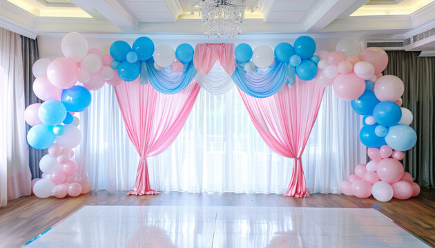 A room with pink and blue balloons and curtains