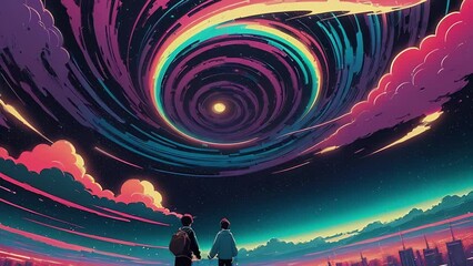 Wall Mural - Futuristic cosmic animation with deep space, galaxy, bright universe. Bright cosmic animation with illustrations transformations, music visualization concept. AI generated video