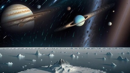 Wall Mural - Exploring an alien planet, surrealistic animation. Dreamy cosmic animation, big planet on horizon, illustrations transformations and metamorphose. AI generated video