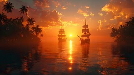 Pirate ship goes to sunset island