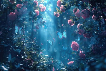 Wall Mural - A fantasy forest with blue butterflies and pink roses, magical lighting,