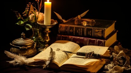 Wall Mural - Vintage bronze candlestick on table with antique manuscripts, inkwell, and feather pen