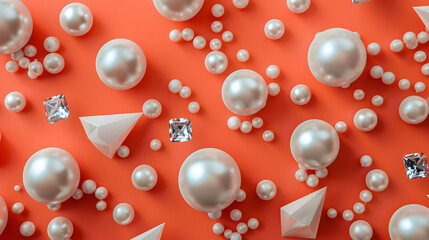 Glossy pearls and triangular buttons scattered on a coral background 