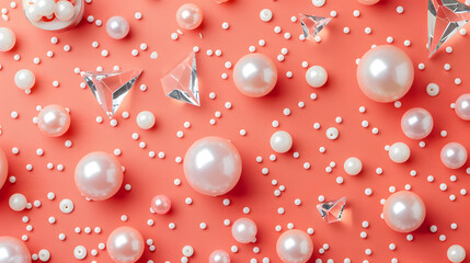 Glossy pearls and triangular buttons scattered on a coral background 