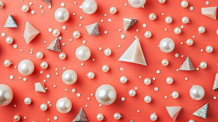 Wall Mural - Glossy pearls and triangular buttons scattered on a coral background 