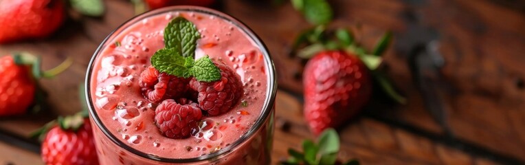 Wall Mural - Close Up of Fresh Pink Strawberry and Raspberry Smoothie on Wooden Table