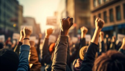 Powerful Protest: Raised Fists at a City Demonstration, Social Justice Movement, Activism, Crowd, Backlit Sun