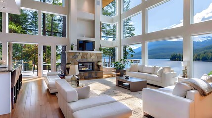 large open living room with lake view floor to ceiling windows view granite fireplace white furnishings hardwood floor and white area rug