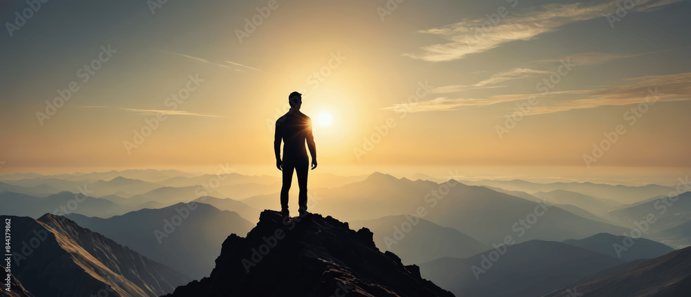 Silhouette of a person standing on a mountain summit during sunrise or ...