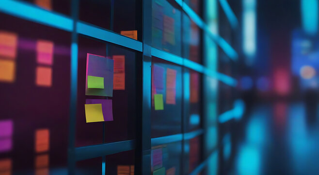Web designer brainstorming for a strategy plan. Colorful sticky note, Business plan concept background, representations, scientific research. Copy space