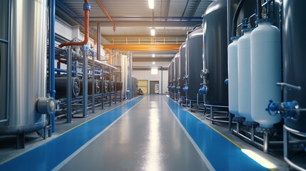 Large industrial water treatment rooms and boiler rooms Steel metal pipes, pumps and valves, blue concept Drinking water production, water treatment systems