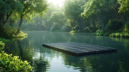 Solar panels harnessing sunlight, installed as a floating array on the river.