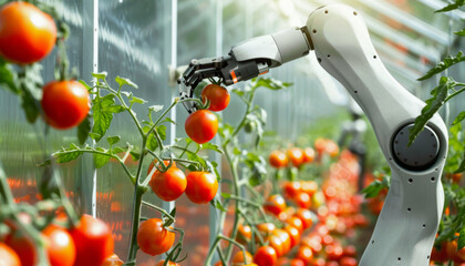 A robot is picking tomatoes from a plant