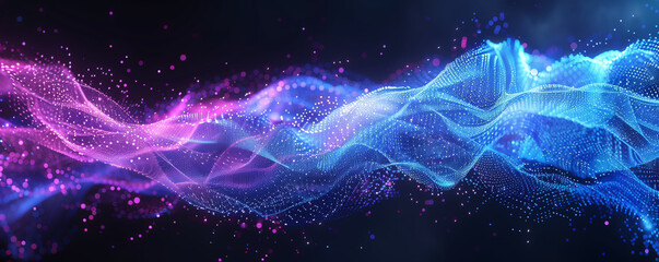 Wall Mural - Big data visualization. The musical stream of sounds. Abstract background with interweaving of dots and lines. Blue and purple technology, speed, Internet background