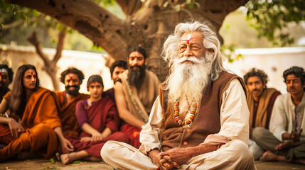 Old Indian guru surrounded by his disciples