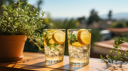 Two glasses of lemonade with a lemon slice in each