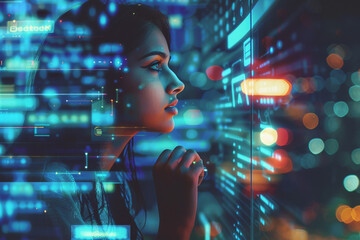 Wall Mural - Thinking, code hologram and woman with tablet data analysis, digital technology and software overlay at night. Programmer or Indian person with 3d screen, programming stats and cybersecurity research