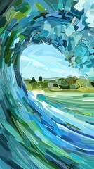 Wall Mural - An abstract design of a roaring ocean wave, with clean lines and vibrant blues and greens, capturing the power and motion of the sea in a modern, stylized way. 32k, full ultra hd, high resolution