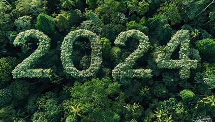 2024 New Year concept. Dense green forest with the year 2025 formed by trees and plants, SDGs, ESG, NetZero, and co2 concept, symbolizing environmental awareness