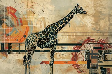 Poster - A regal giraffe composed of lines, circles, and alphabets, placed against a backdrop that combines modern traditional designs with minimalist boho motifs