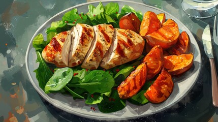 Wall Mural - Realistic illustration of a weight loss meal with a mixed greens salad, grilled chicken, and a side of roasted sweet potatoes. The minimal style highlights balanced nutrition and portion control,