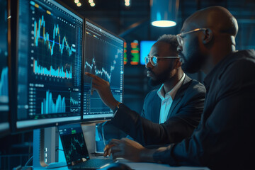 Wall Mural - Two diverse crypto traders brokers stock exchange market investors discussing trading charts research reports growth using pc computer looking at screen analyzing invest strategy, financial risks.