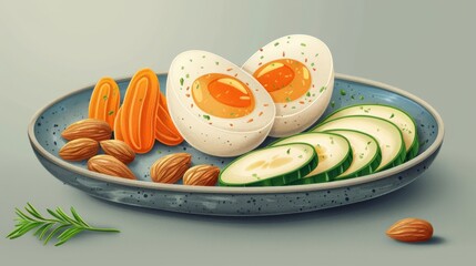 Wall Mural - Realistic illustration of a high-protein snack with a hard-boiled egg, a handful of nuts, and sliced vegetables. The minimal style highlights protein-rich, balanced snacking options, showcasing the