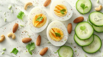 Wall Mural - Realistic illustration of a high-protein snack with a hard-boiled egg, a handful of nuts, and sliced vegetables. The minimal style highlights protein-rich, balanced snacking options, showcasing the