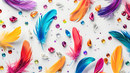Wall Mural - Multicolored feathers and diamond-shaped gems scattered on a white background 