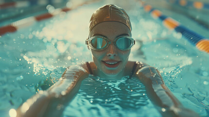 Wall Mural - A champion swimmer. Portrait of a smiling woman in swimming goggles and a yellow swimming cap. Swimming competitions in the pool. Concept of an active lifestyle