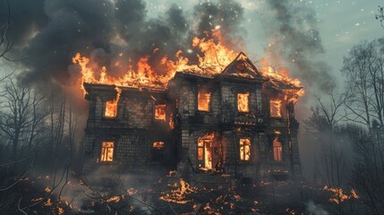 Wall Mural - Abandoned house fully engulfed in flames