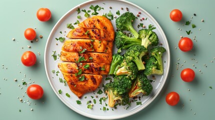 Wall Mural - Realistic illustration of a whole food diet plate with baked sweet potato, grilled chicken, and steamed broccoli. The minimal style highlights clean eating and balanced nutrition, showcasing the