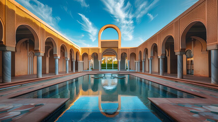 Wall Mural - photo of an arabic architecture courtyard with water features and blue sky 