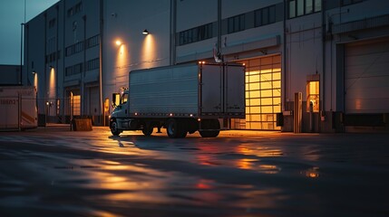 Wall Mural - A shot of a delivery truck leaving the factory with a Delivered to Our Customers with Care logo emphasizing the personalized service that comes with customer proximity