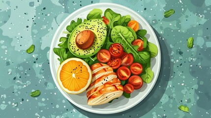 Wall Mural - Realistic illustration of a keto diet plate featuring low-carb meals with avocado, grilled chicken, and greens. The minimal style highlights the high-fat, low-carb nutrition essential for weight