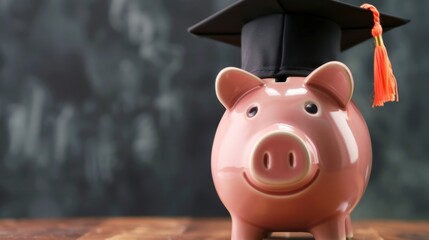 A Pink pig piggy bank with graduation cap Savings for education