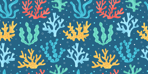 Vector seamless marine pattern with coral and seaweed. Hand drawn aquarium plants, underwater ocean flora. Sea plant of seabed. Design for textile, wallpaper, wrapping.