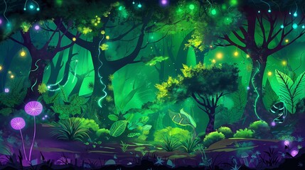 Wall Mural - A vibrant vector graphic of an enchanted forest, with stylized trees and plants in a palette of greens and purples, illuminated by glowing fairy lights and mystical orbs. 