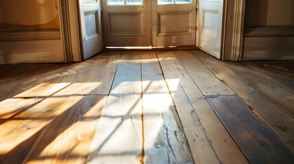 Wall Mural - The door is open and the sun shines through it. The light falls on an old wooden floor in front of you 