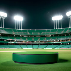 Empty baseball stadium with a green podium on the field at night, illuminated by bright lights. Ideal for sports, product launches,