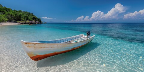 Wall Mural - A wooden boat floats on the turquoise waters of a tranquil lagoon, framing a picturesque island paradise