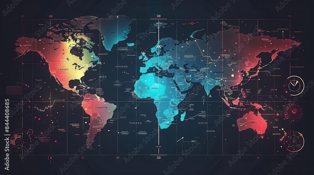 Detailed world map with time zones, clocks showing current time for ...