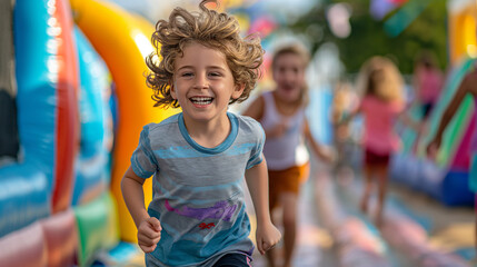 young boy with curly blonde hair is joyfully running towards the camera in an outdoor amusement park, with colorful inflatable structures in the background and other children playing around