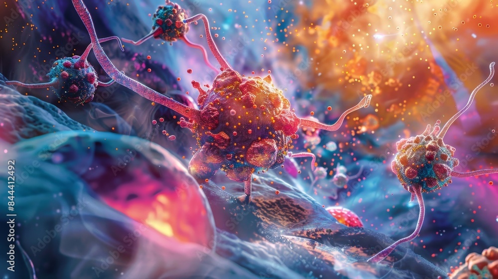 An illustration showing the complex interplay between signaling pathways and cellular structures involved in cancer cell invasion