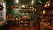 © Oleksandr - victorian christmas toy workshop with shelves and tools. green walls. dark wood floors