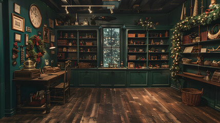 victorian christmas toy workshop with shelves and tools. green walls. dark wood floors 