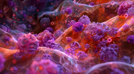 Poster - A closeup view of a tumor microenvironment revealing a complex interplay between angiogenic factors and immune cells ultimately driving tumor progression