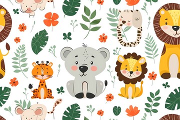 Sticker - cute jungle animals on white water color background seamless repeating pattern tile